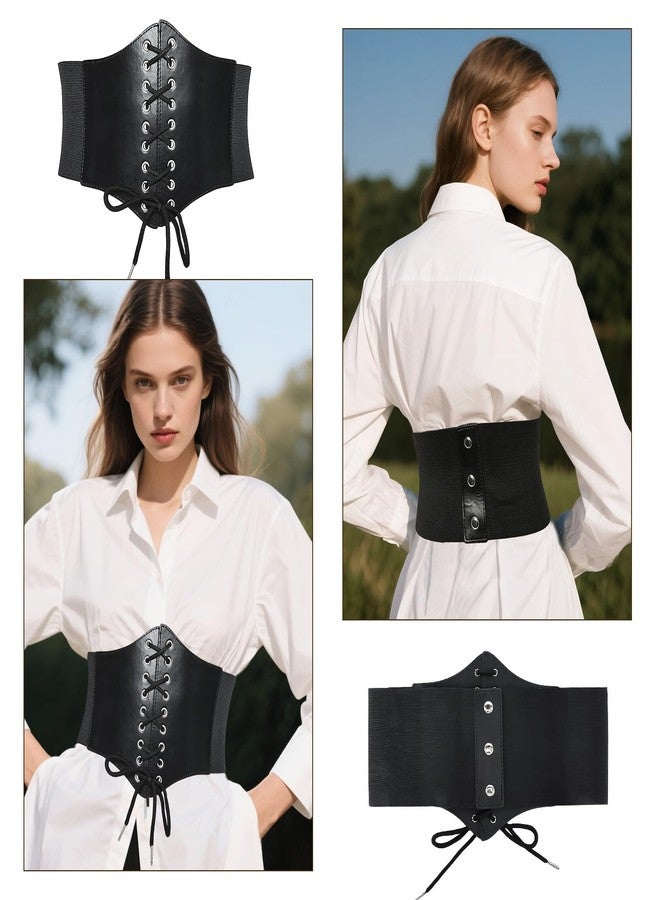 Hftjtsa Black Corset Waist Belt for Women Elastic Lace up Renaissance Pirate Accessories Tied Waspie Wide Belt for Halloween - Image 4